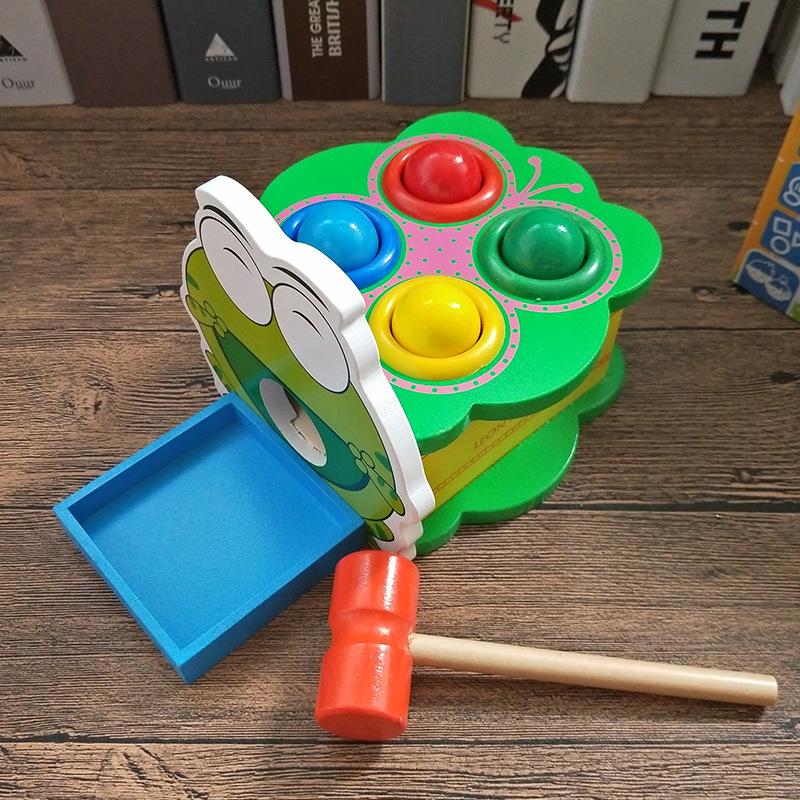 Wooden Pounding Bench Toy for Toddlers Kids Early Educational Hammering Ball Drop Game with Frog Whack-a-Mole Interactive Play