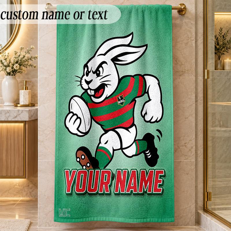 Beach TowelSouth Sydney Rabbitohs Custom Name Text Personalized Soft Towel for Beach Pool Indoor Home Decor Gift