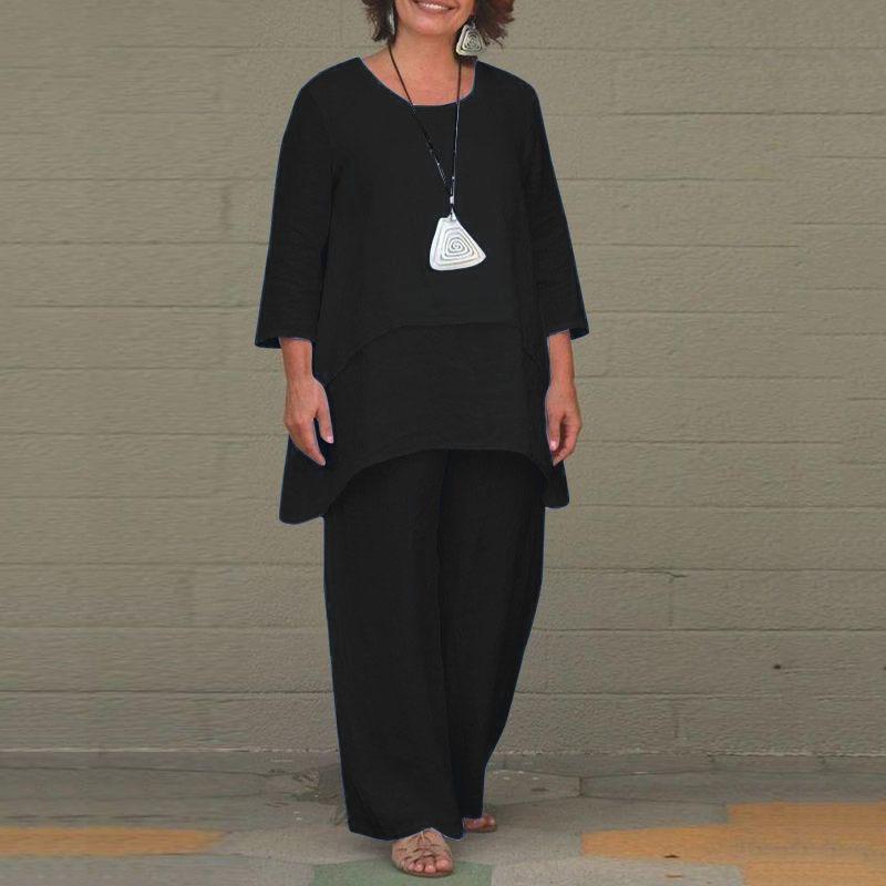 Fake Two-piece Cotton Linen White Set Women's Casual Irregular Top + Wide-leg Pants 2-piece Suit Loose Oversized Women Outfit