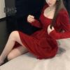 Women Dress Square Neck Pleated A-line Long Sleeves Pleated Slim Waist Velvet Mini Dress Prom Banquet Party Short Dress Fall Spring Princess Dress