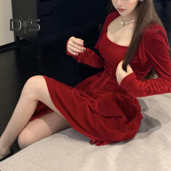 Women Dress Square Neck Pleated A-line Long Sleeves Pleated Slim Waist Velvet Mini Dress Prom Banquet Party Short Dress Fall Spring Princess Dress