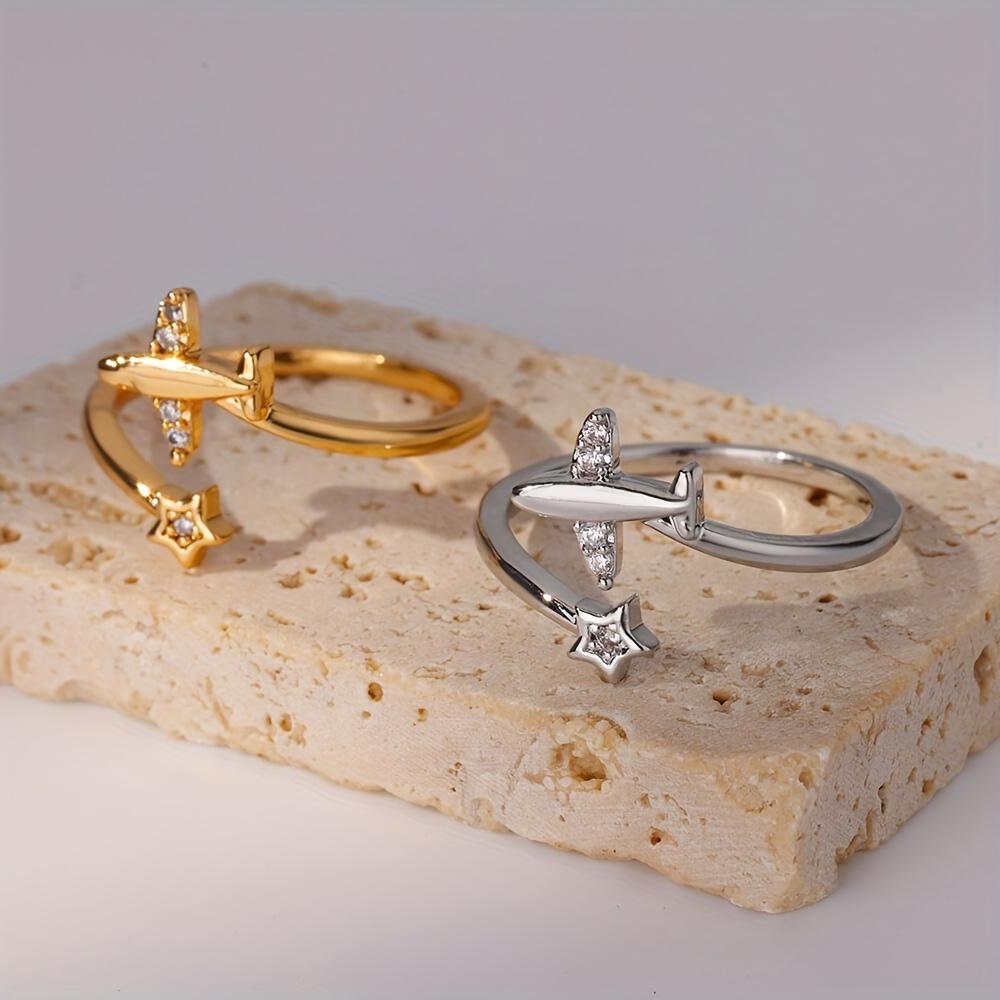 18K Gold-Plated Copper Airplane Star Ring with Zirconia