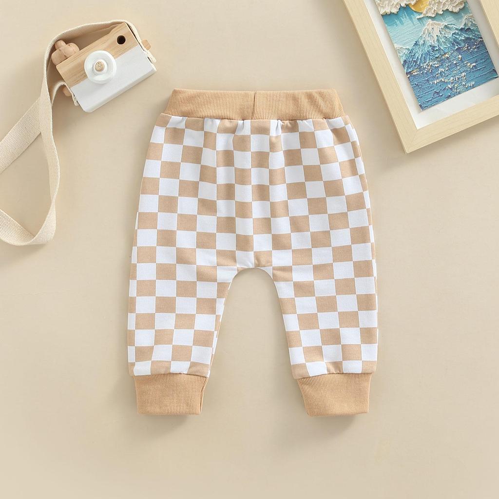 Toddlers Casual Long Pants 6M 12M 18M 24M 3Y Fashion Checkerboard Printed Tie-up Mid-waist Trousers with Pockets
