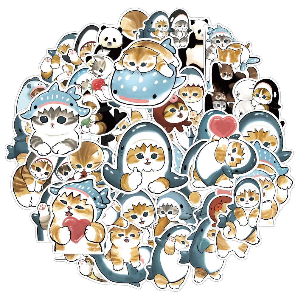 10/50PCS Cute Shark Hooded Fun  Shark Cat  Stickers Waterproof DIYSticker Pack for Watercup Laptop Scrapbook Notebook Diary Stickers