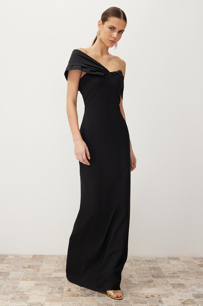 Women's Fashion New Evening Dress & Graduation Dress Black Fitted Asymmetrical Collar Poplin Detailed Long Evening Evening Dress