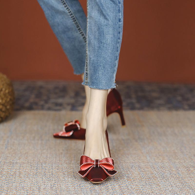 Fashion Fashionable and Minimalist Single Shoe Women's 2024 Spring New Bow Decoration Daily Versatile Shallow Cut Exquisite High Heels