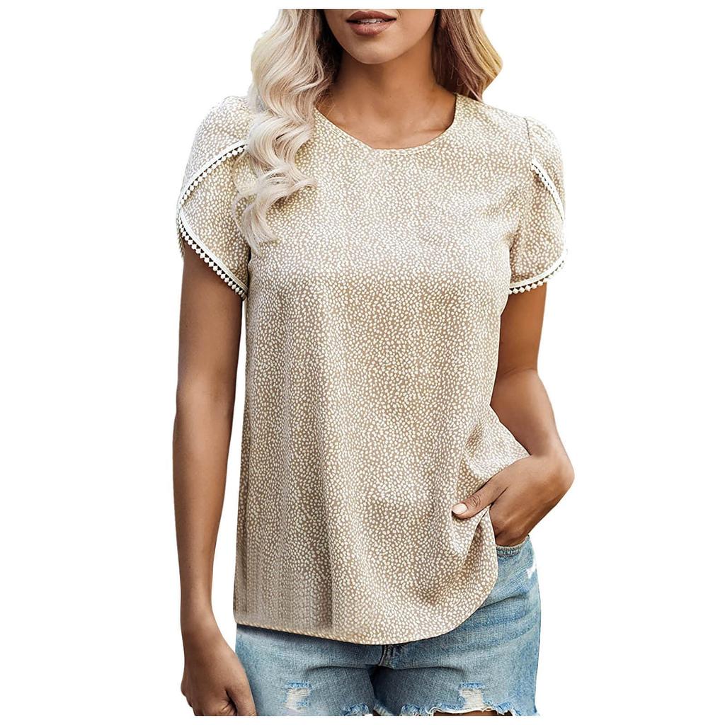 Women's Casual Floral  Printed Lace Crochet Short Sleeve Round Neck Summer Loose Tops Tops