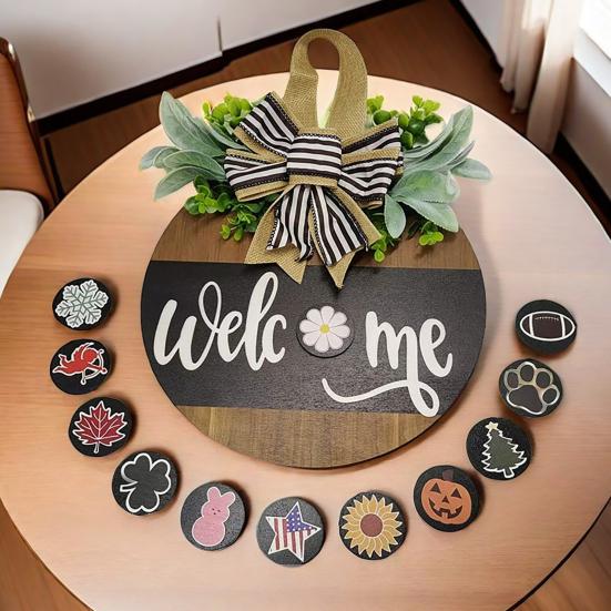 Деревянный приветственный знак, деревенский круглый дверной знак со сменными аксессуарами, венок, приветствие