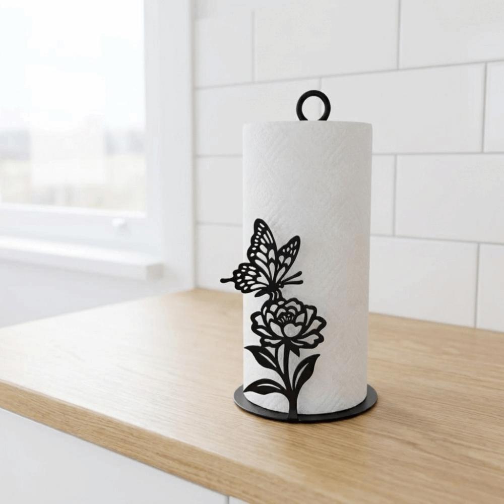 2D Flat Butterfly Napkin Holder Free Standing Decorative Roll Paper Towel Holder Wooden Base Paper Towel Rack Dining Table