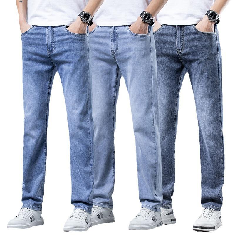 Летние тонкие выстиранные светлые джинсы для мужчин с эластичной талией, облегающие, прямые, повседневные, универсальные, утягивающие и длинные брюки
