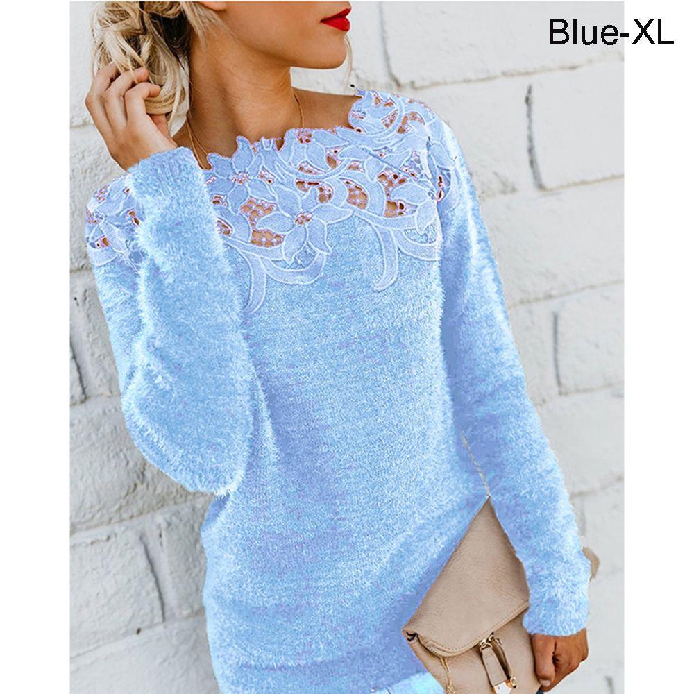 Women Fashion Lace Warm Plus Size Sttiching Tops Plush Pullovers Jumpers Knitted Sweater