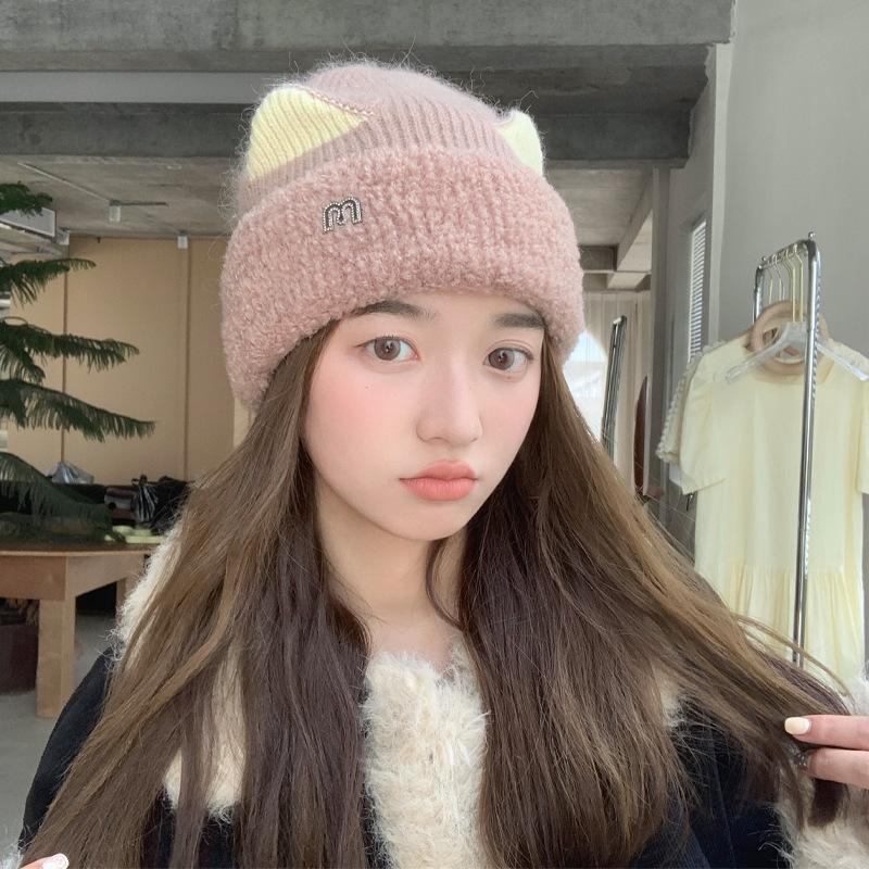 Милая шапка-кошка, женская теплая вязаная шапка, универсальная зимняя шерстяная шапка с изображением лица, маленькая японская холодная шапка