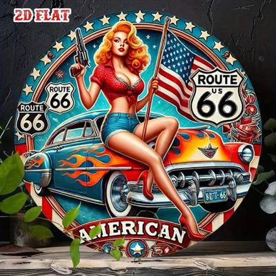 Винтажная жестяная табличка Route 66 Ретро Девушка Пин-ап Флаг Классический Автомобиль Металлическое Настенное Искусство Декор