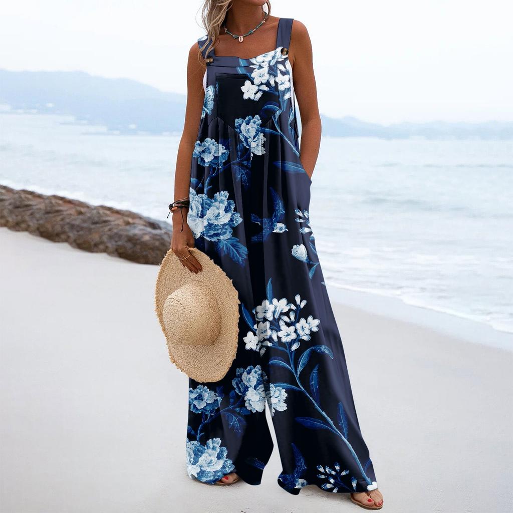 Женские комбинезоны, повседневные комбинезоны с широкими штанинами и принтом, комбинезоны без рукавов с карманами, наряды