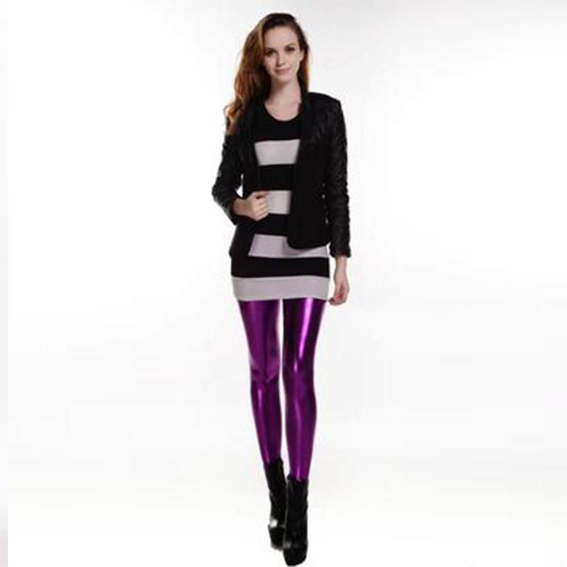 European-American Fashion Faux Patent Leather Mid-Waist Stretch Pants - Bright, Nine-Point Length