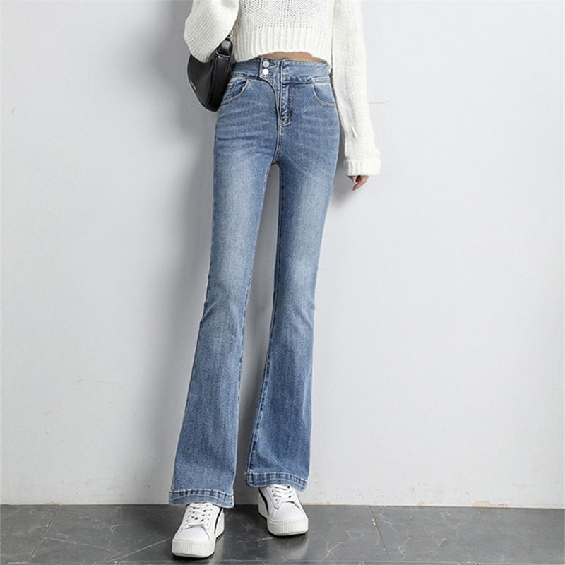 2022 Autumn Winter High Waist Fashion Leisure Simple Comfortable Jeans For Women  Trumpet Pant Retro Elastic Style Denim Trouser