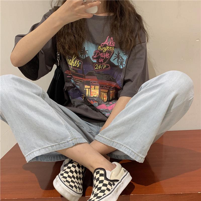 Женская футболка с коротким рукавом свободного кроя в стиле ретро с принтом в корейском стиле - Большой размер, Ранняя весна 2023