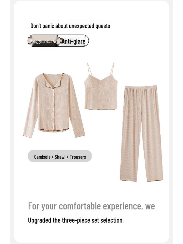 Женский модальный пижамный комплект с длинным рукавом, с вкладышами для бюстгальтера, майкой и брюками, осенне-зимний комплект из 3 предметов, подходит для улицы.