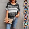 Summer Women Fashion Gradient Striped T-shirt Loose Round Neck Casual Top