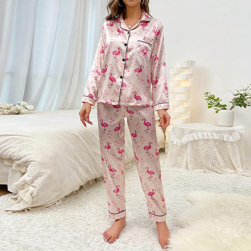 Women's Sleepwear Satin Flamingo Print Pajama Set Long Sleeve Button Up Lapel Collar Top with Pants Loungewear Lounge 2 Piece