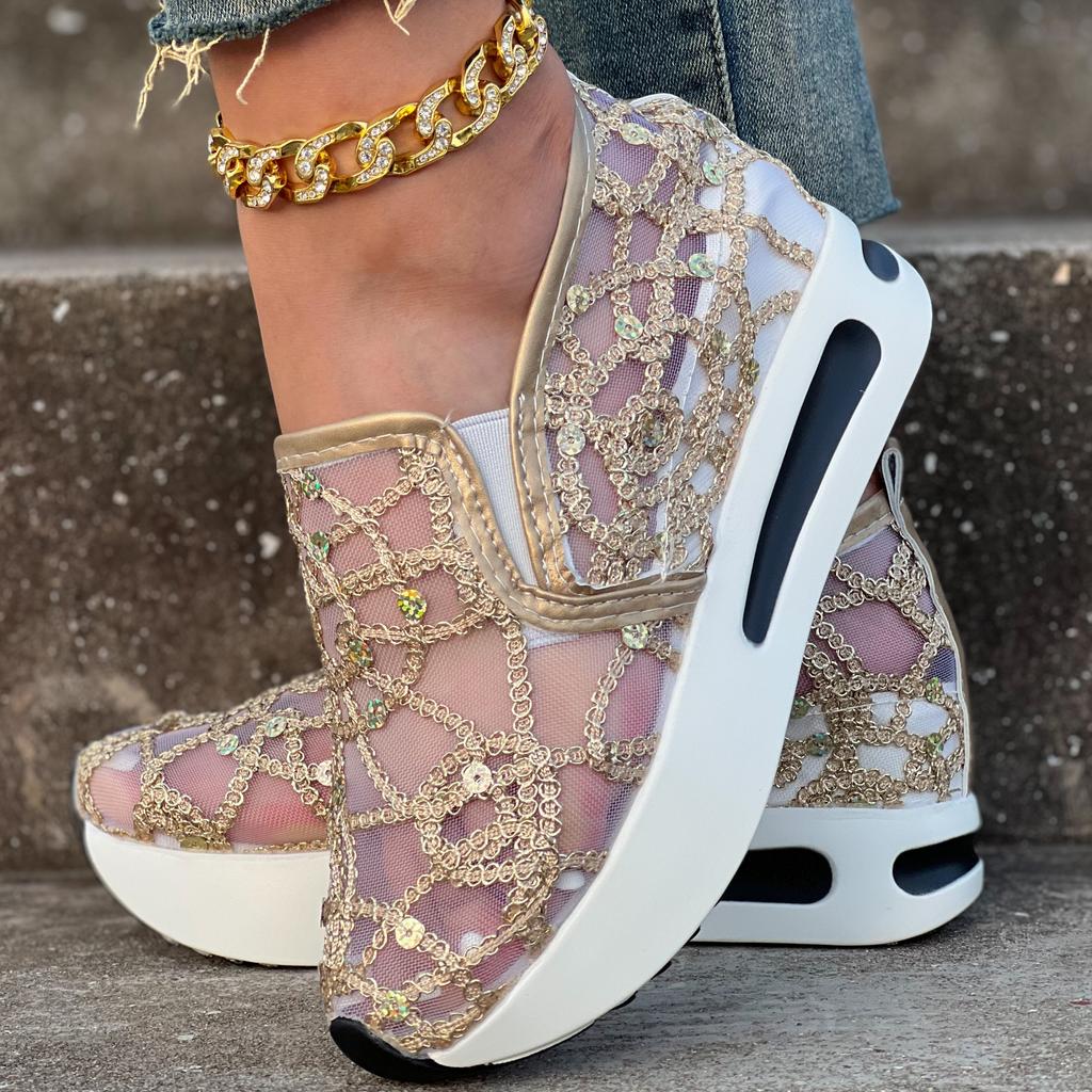 Women's Glitter Sequins Decor Sneakers, Breathable Mesh Inner Wedge Heeled Shoes, Comfortable Platform Carnival Shoes & Music Festival