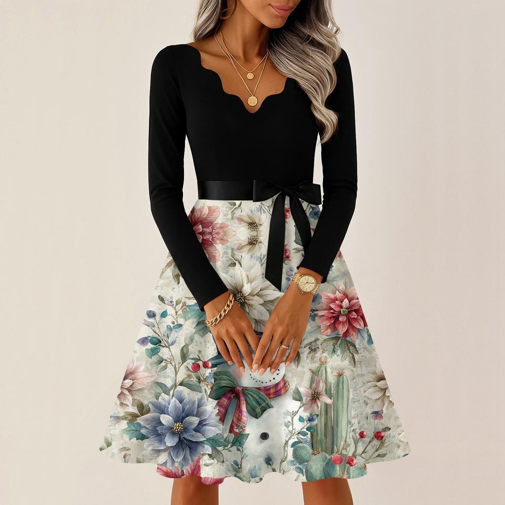 Женское повседневное модное платье с V-образным вырезом и длинными рукавами в стиле ретро с рождественским принтом