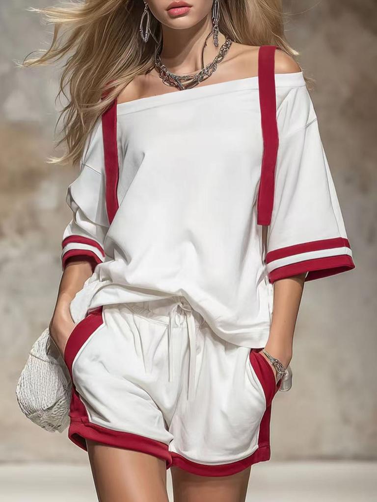 2026 Amazon European and American cross-border spring and summer women's suit off-the-shoulder top + shorts sports and leisure two-piece set