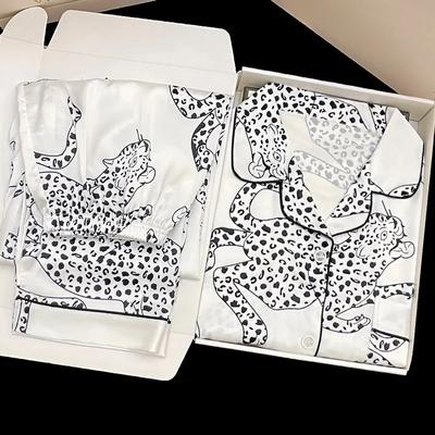 Женский пижамный комплект весна-лето из 2 предметов с леопардовым принтом, пижама из искусственного шелка и атласа, пижама с коротким рукавом, домашняя одежда