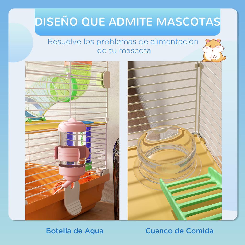 Hamster Cage with Tunnel, Platforms, Bowl, Water Bottle, House, Ramps and Exercise Wheel, 46x30x58 cm, Orange