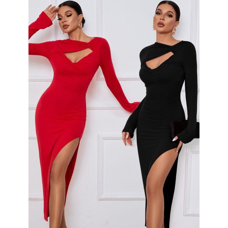 Fall New Arrival Women's Fashion Wind Chest Cut Out Kinky Silm Long Sleeves Dress Sexy High Split Elegant Dress