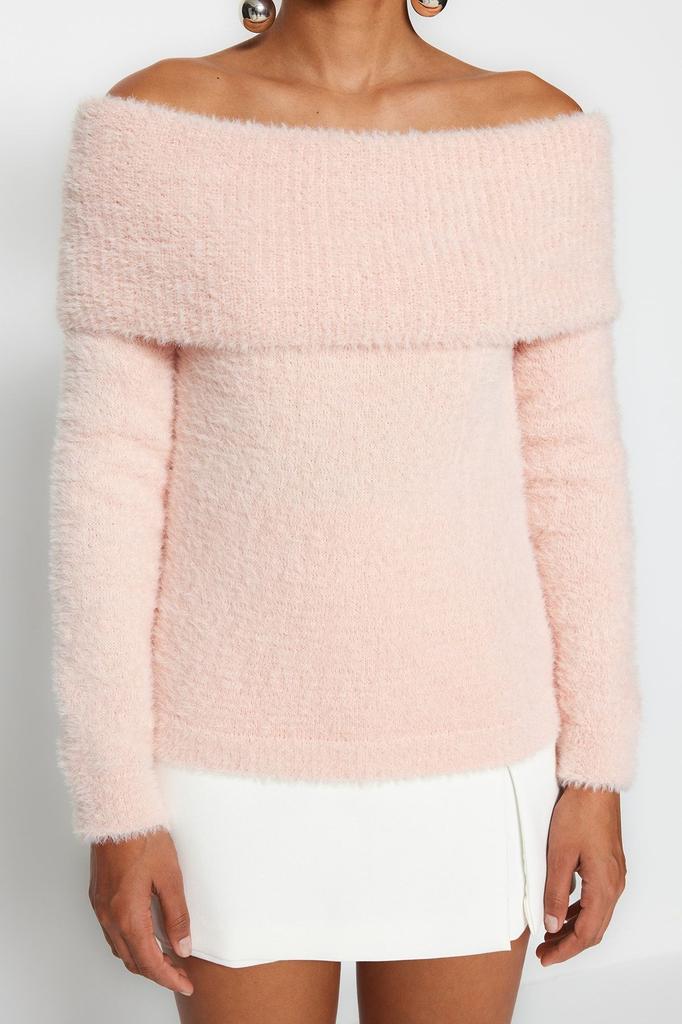 Women's Elegance Style Sweater Powder Carnen Collar Hairy Beard Yarn Knitwear Sweater