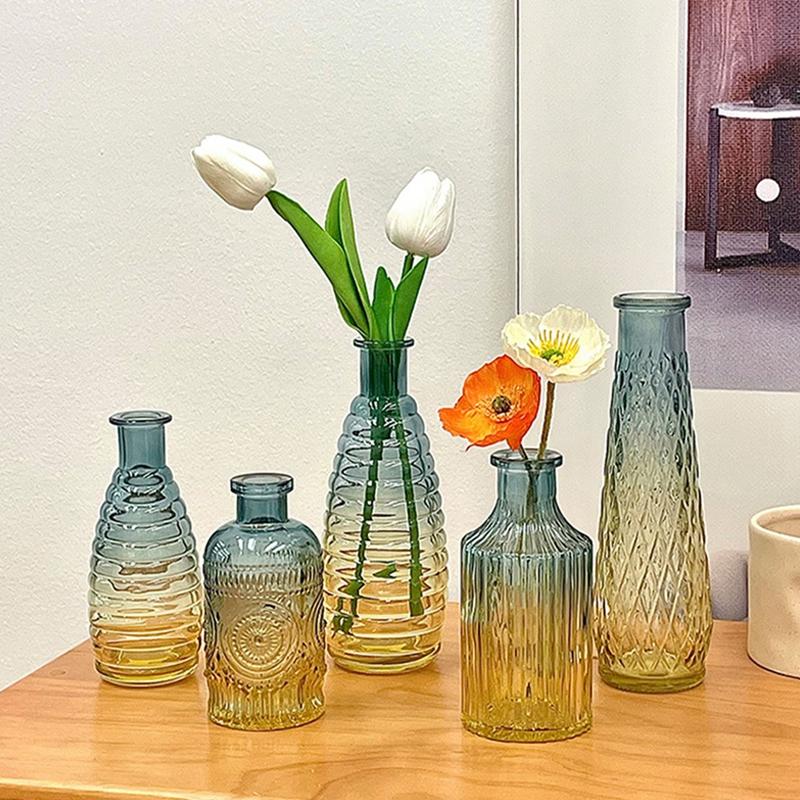 European Roman Relief Art Glass Vase Retro Transparent Glass Vase Mini Flower Bottle Hydroponic Systems Room Home Decoration