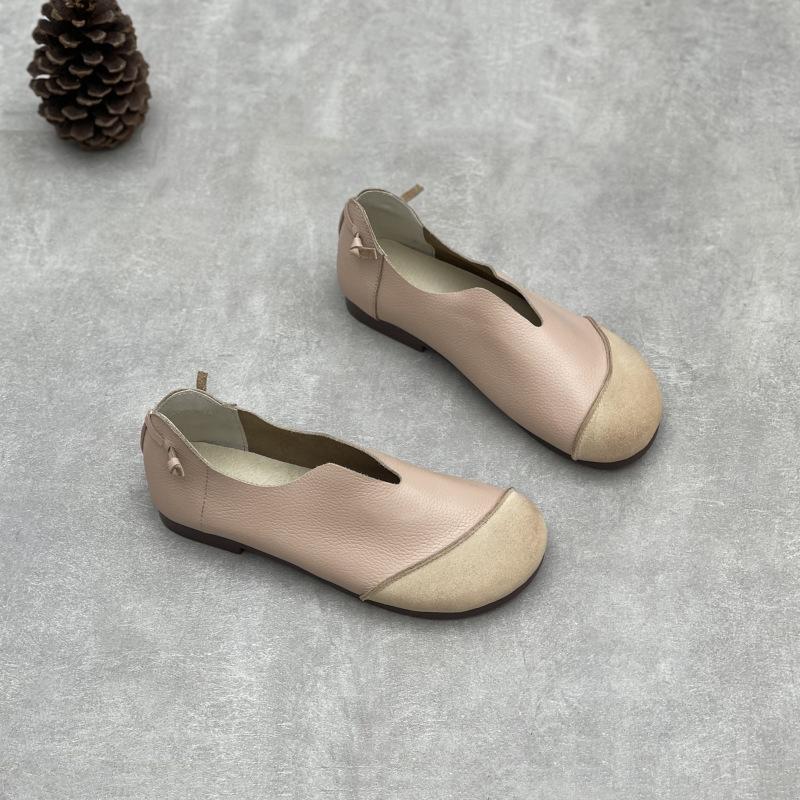 Johnature Retro Genuine Leather Women Soft Sole Flats Shoes Handmade Casual Shallow Round Toe Slip-on Loafers