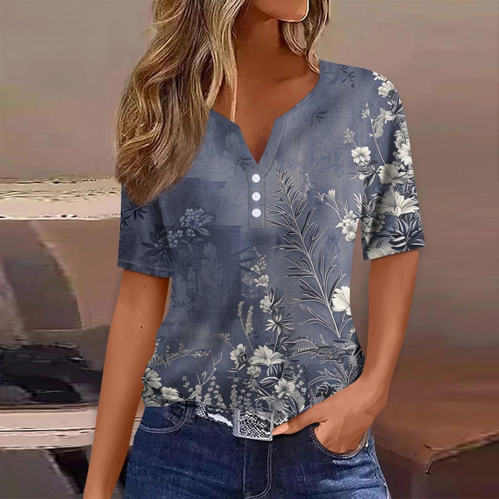 Women's T Shirt Tee Print Button Short Sleeve Daily Weekend Fashion Basic V- Neck Regular Top