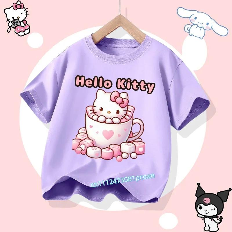 2026 Hello Kitty Summer Tshirt Cotton ShortSleeved Girls Sportswear with Cartoon Print for Children Aged 112 Years Old
