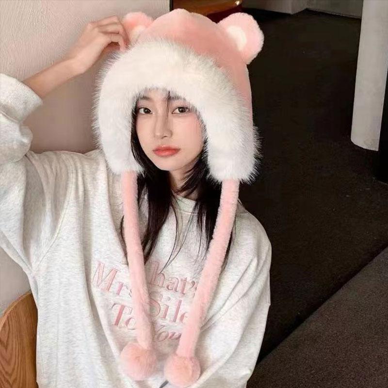 Женская зимняя утолщенная меховая теплая шапка-бини корейская модная флисовая шапка с медвежьими ушками ветрозащитная женская трендовая шапка-бомбер подарки