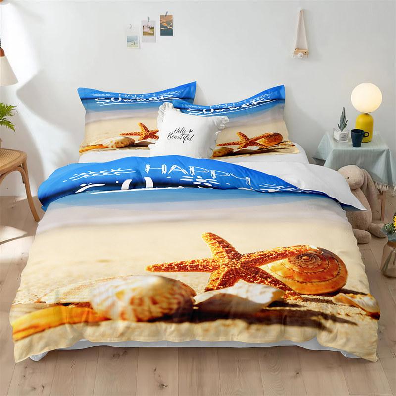 Beach Theme Duvet Cover Set Blue Ocean Bedding Set King Queen For Kids Girls Microfiber Seashell Starfish Print Comforter Cover