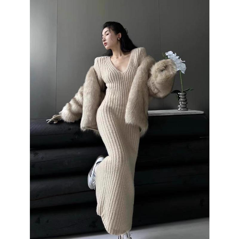 Ретро высококлассное длинное платье темпераментная светская львица облегающее V-образный вырез вязаное платье-свитер женское осенне-зимнее тонкое платье