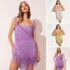 Tassels Short Dress Solid Color Spaghetti Straps Square Neck Sleeveless Backless Solid Color Women Mini