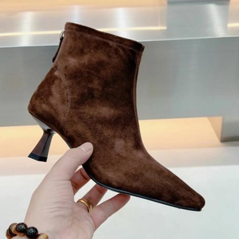 Острый носок женские ботильоны замшевые туфли на среднем каблуке сексуальная обувь тренд зимние новые брендовые дизайнерские туфли-лодочки модные готические туфли Botas De Mujer