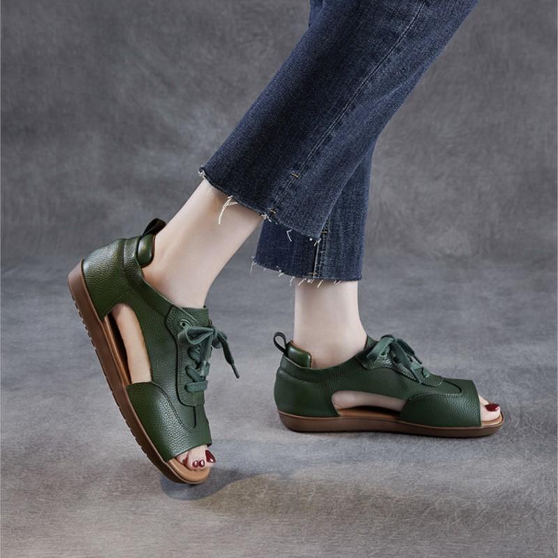 Johnature Сандалии из натуральной кожи с открытым носком, в стиле ретро, на плоской подошве, со шнуровкой, на мягкой подошве, женские туфли