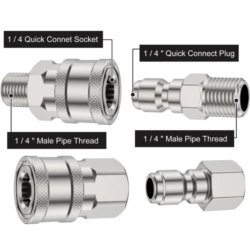 Professional 1/4" NPT Quick Releases Pressure Washer Hose Adapters, 4Piece Corrosion Resistant Stainless Steel Connector