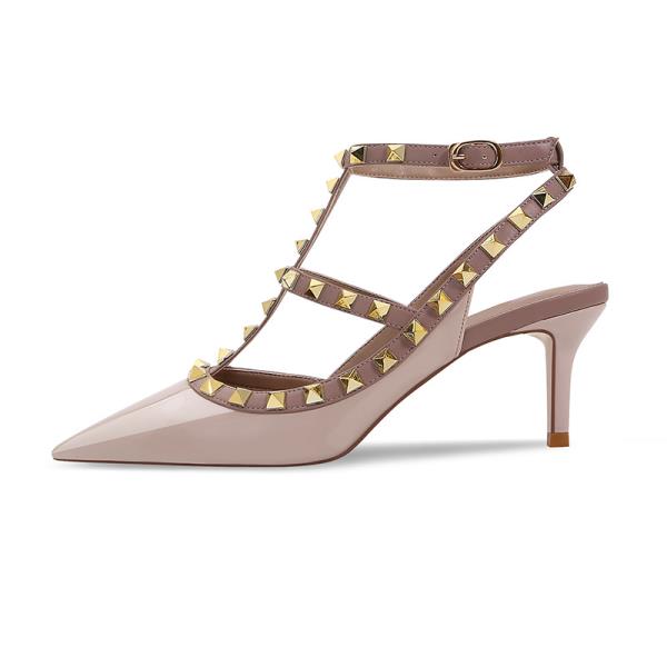 Fashion Beige High Heels Comfortable High-Heeled Shoes Roman Style Slip On Navy Blue Pumps All-Match Rivets Patent Leather Sandals Ladie