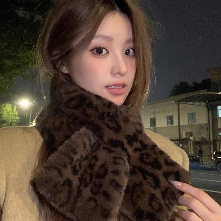 Leopard Print Mongolian Hat Plush Bear Hat Women's Autumn and Winter Imitation Mink Bucket Hat Versatile Scarf Scarf