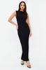 Women's Style Dress Black Textured Fabric Fitted Moon Sleeve Knitted Stretchy Midi Pencil Dress