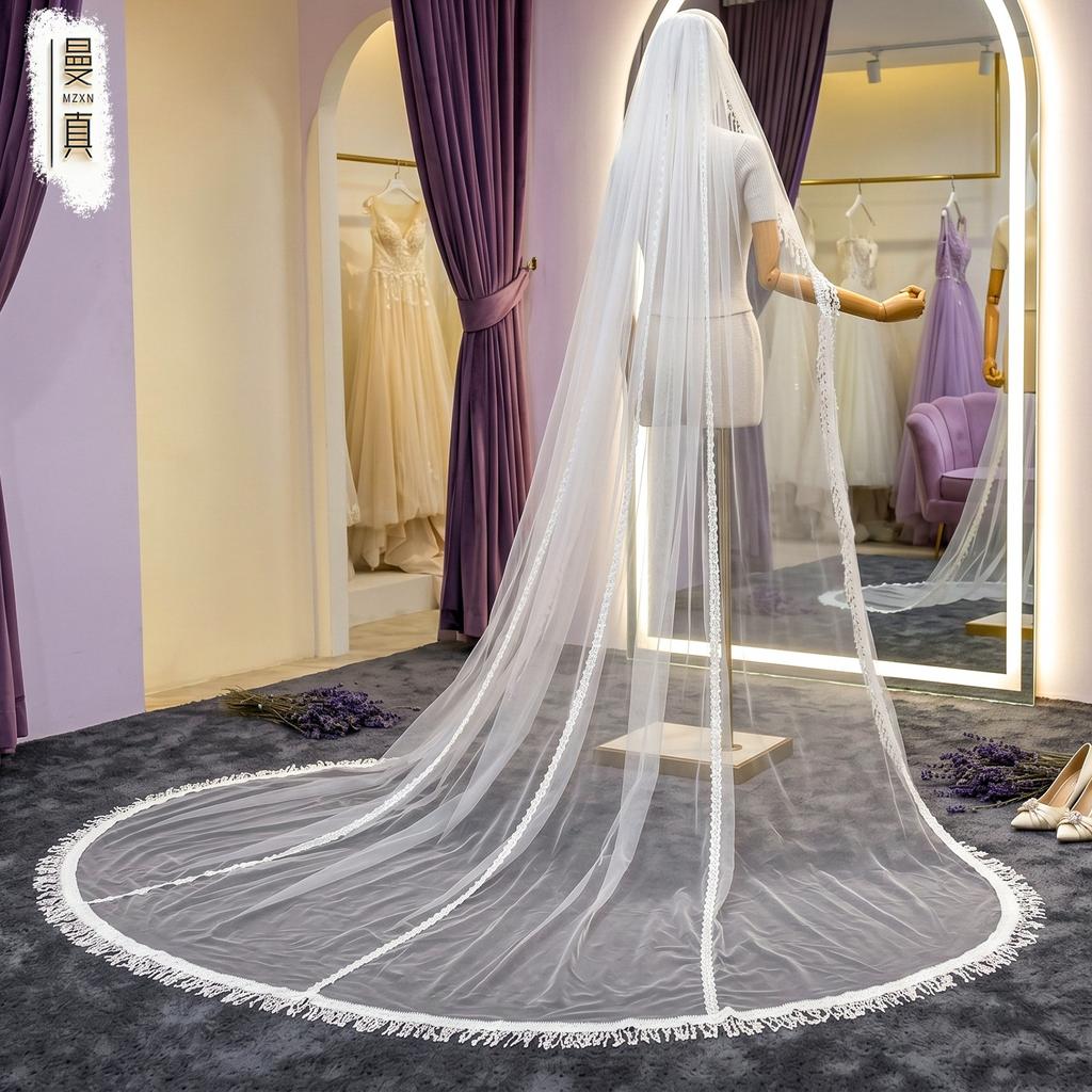 300 см Кафедральная кружевная фата с кисточками, Свадебная фата Extra Long Wide Soft Tulle с кружевной бахромой в виде слезы для невесты