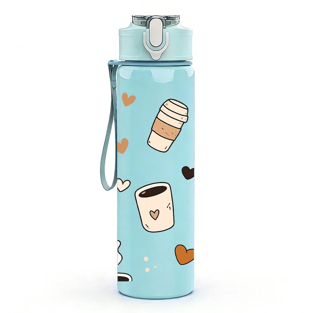 1PC Coffee Cup Cookie Bread Food Print 750ml Color Plastic Sports Water Bottle Leakproof Flip Straw Lid Suitable for Sports Office Home Use