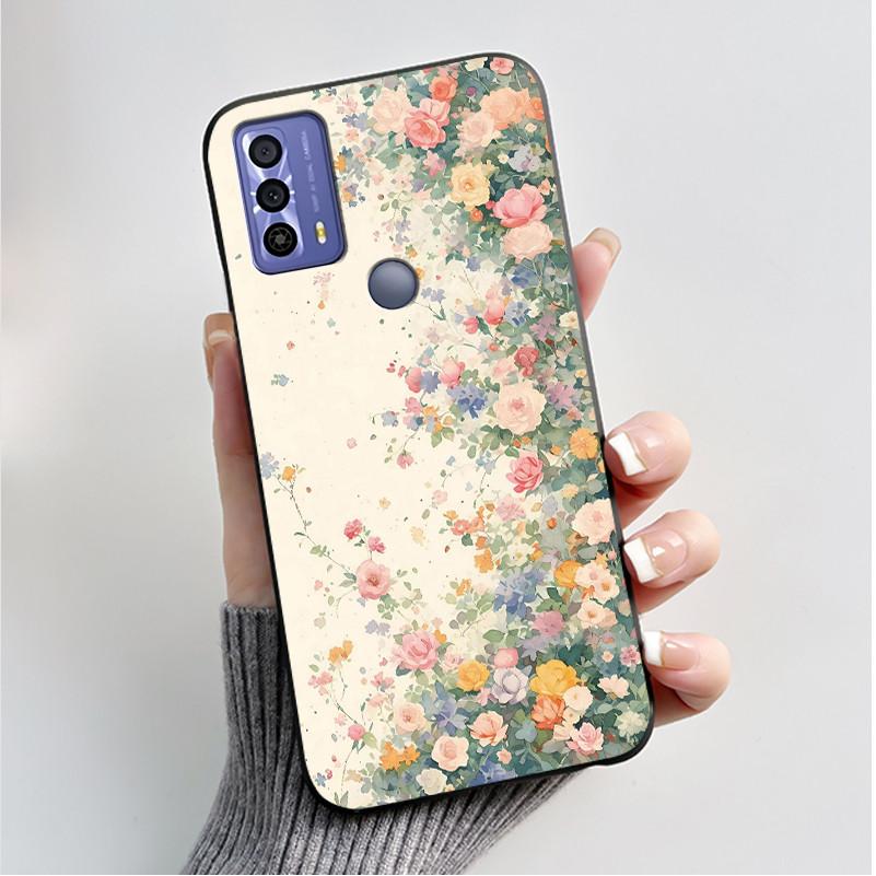 Printing Pattern Case For TCL 20B (6159K) Soft Silicone Black Shell Cover Cute Flower Cartoon Casing