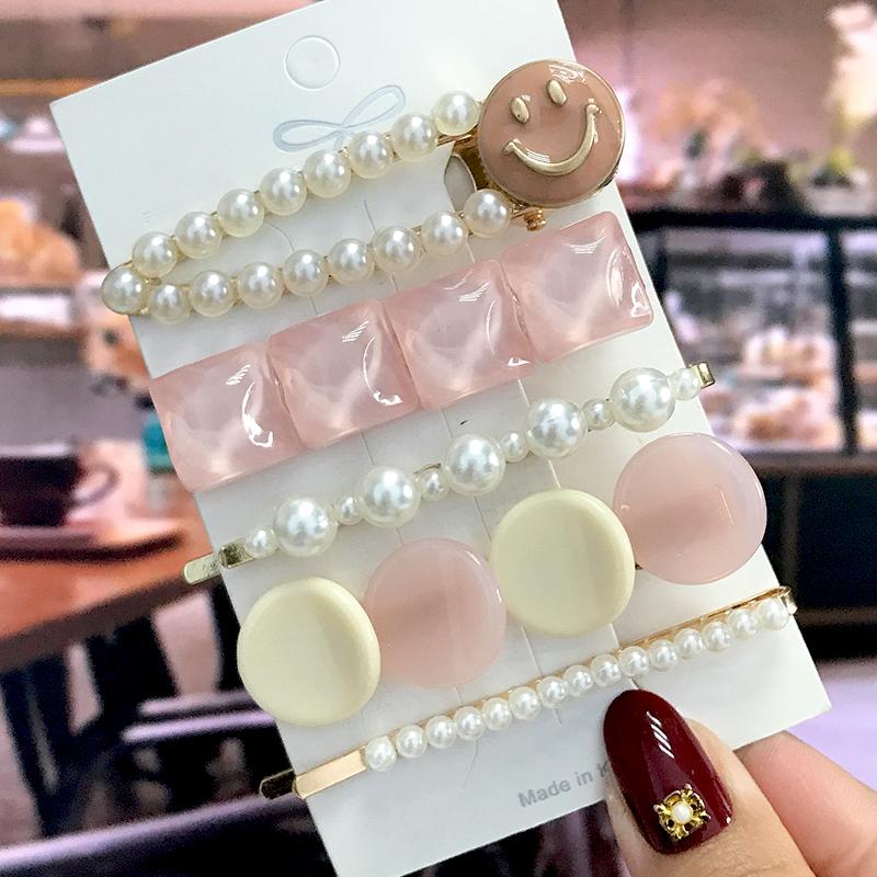 5Pcs/Set Fashion Smiley Pearl Hair Clip For Women Girl Geometric Acetate Barrettes Hairpin Headwear Hair Accessories  Trendy