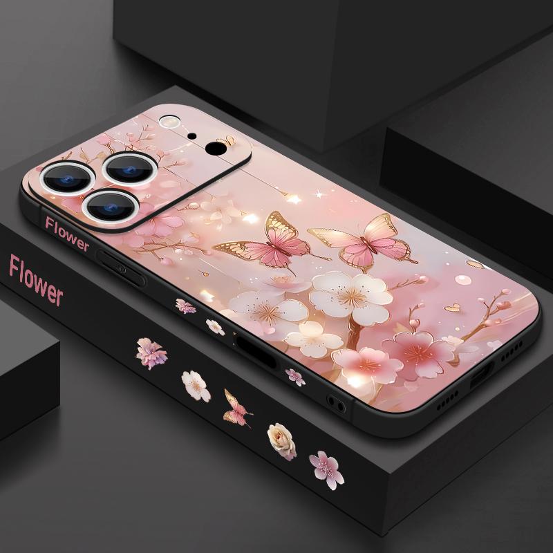 For iPhone 17 Pro Max Case Dream Butterfly Floral Pattern Soft Silicone Lanyard Cover For iPhone 16 Pro Max Cover iPhone 15 14 13 12 11 16E